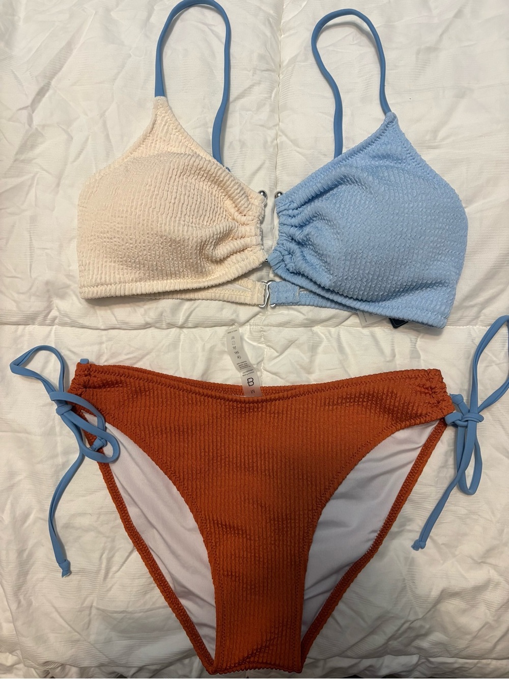 Two-Tone Textured Bikini Set - Beige, Light Blue & Rust